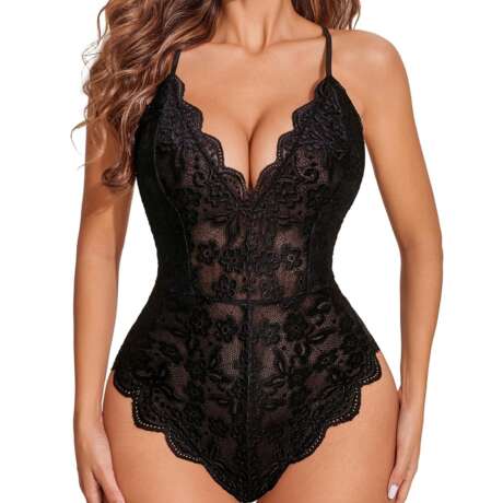 Avidlove Sexy Lingerie for Women Deep V Teddy Sheer Lace Bodysuit Snap Crotch One Piece Babydoll