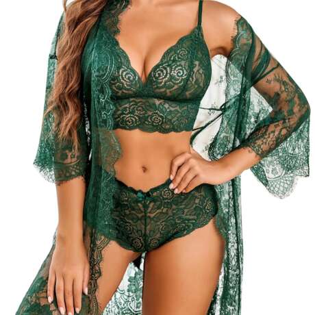 Avidlove Women Sexy Lingerie Set 3 Piece Bra and Panty Sets with Lace Kimono Robe Sleepwear Mesh Nightgown