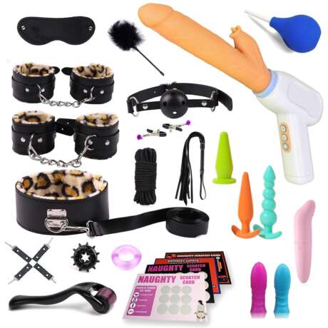 BDSM Sex Bondage Kit Restraints, 25PCS Sets with Adjustable Handcuffs Collar Ankle Cuff Blindfold Feather Tickler Vibrator Anal Plug Adult Games Sex Toys