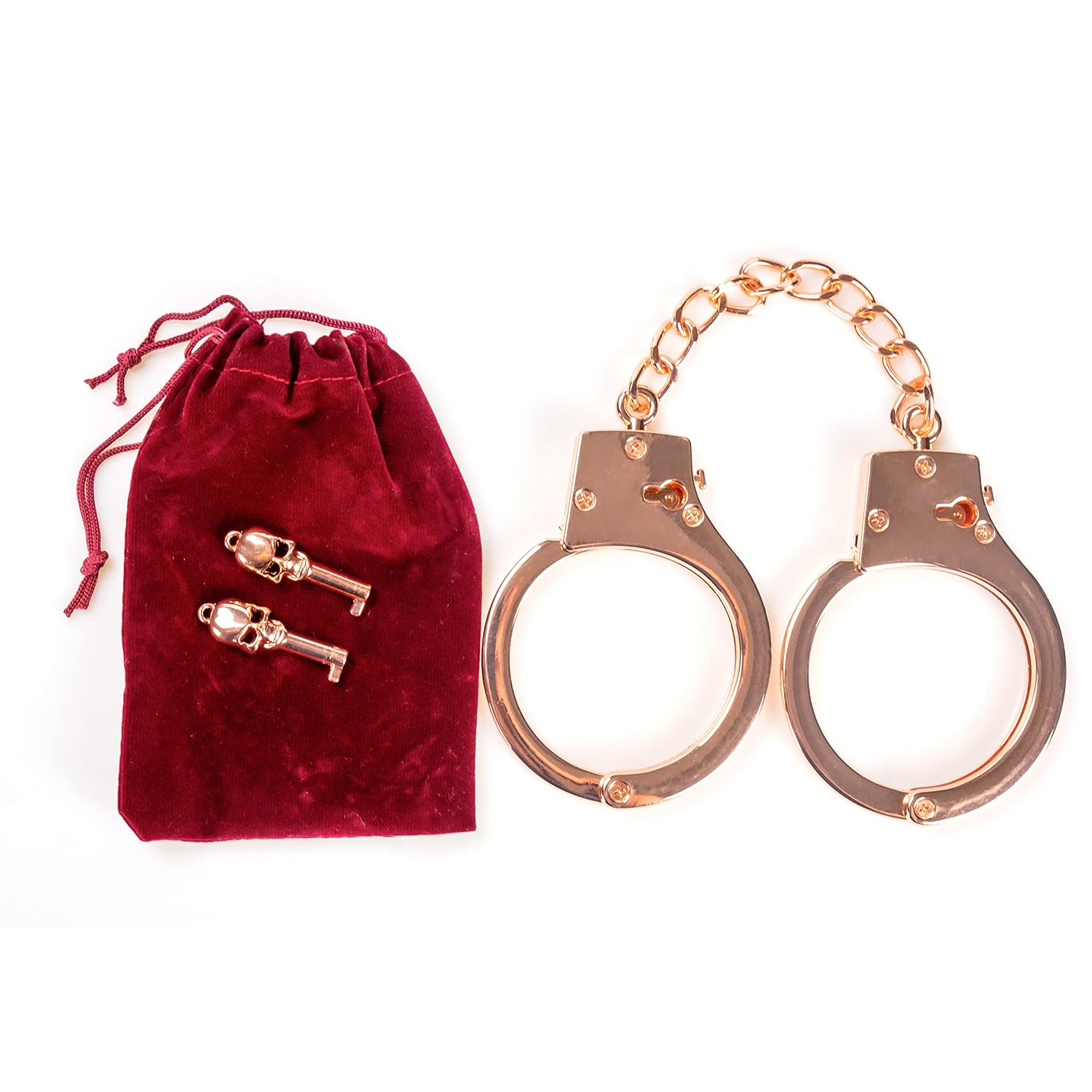 hiset metal handcuffs with two skull keys prop toy handcuffs (rose gold) HISET Metal Handcuffs with Two Skull Keys - Prop Toy Handcuffs (Rose Gold)
