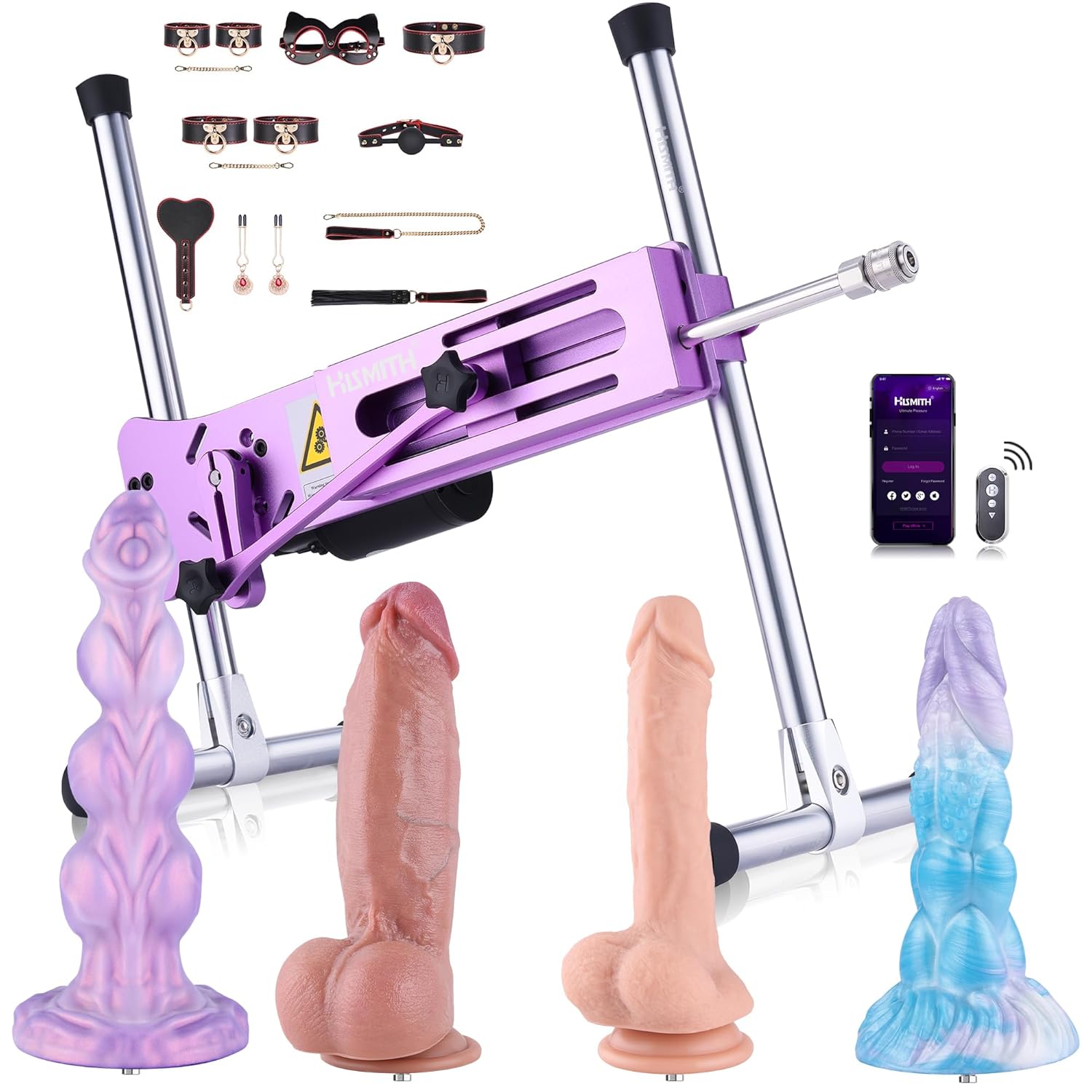 hismith premium sex machine, 100w app controlled love machine with kliclok system, thrusting machine with 4 silicone dildos and deluxe bdsm bondage set for adventurous lovers... Hismith Premium Sex Machine, 100W APP-Controlled Love Machine with KlicLok System, Thrusting Machine with 4 Silicone Dildos and Deluxe BDSM Bondage Set for Adventurous Lovers...