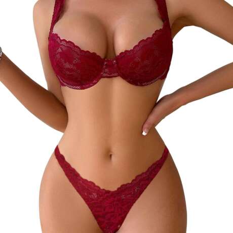 Lilosy Sexy Floral Lace Scallop Underwire Push Up Sheer Lingerie Set Outfits