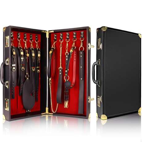 Lockable Sex Bondage BDSM Kits with Suitcase,Leevuopa 7 Pcs Leather Adjustable Restraints Set with Small Lock and Keys,Adult Sex Toys for Couple Beginner SM Game Play