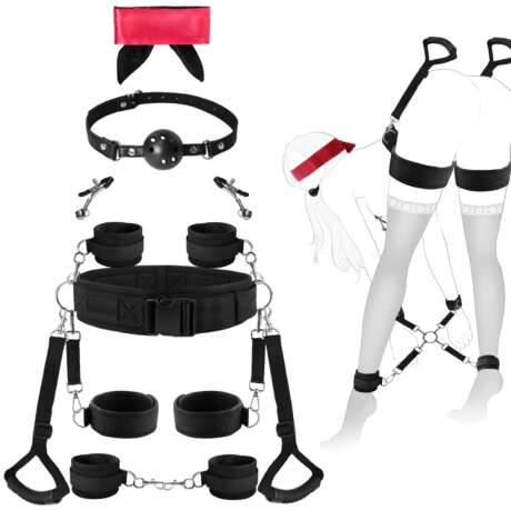 Sex Bondage BDSM 9 Pcs Set Restraint Kits for Women Innovative Waist Belt with Handle Pull Straps Hand/Ankle/Thigh Cuffs Cross-Buckle Strap Nipple Clips Ball Gag Blindfold Adult...
