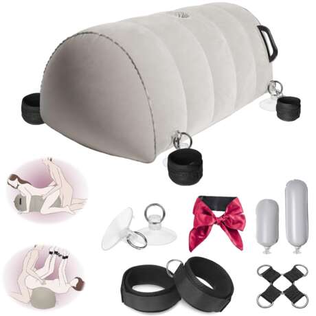 Sex Pillow Bondage BDSM Restraints Sex Inflatable Cushion Sex Furniture for Bedroom to Bathroom- Suction Cup, Hand to Thigh Cuffs with Cross Strap, Blindfold, Dildo Mount for...