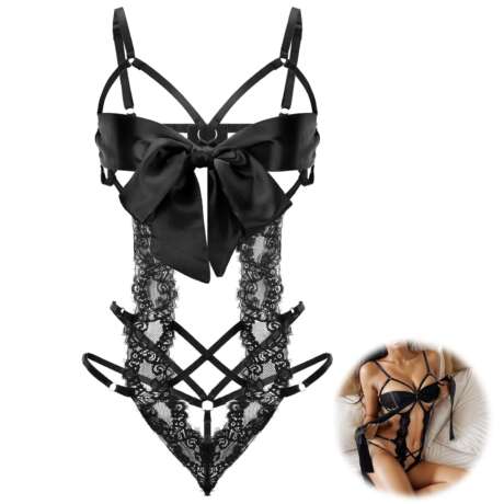 Women Sexy Lingerie Set Unwrap Me Bow Tie Lingerie Lace Smooth Ribbon Lingerie for Ladies Valentines Outfit